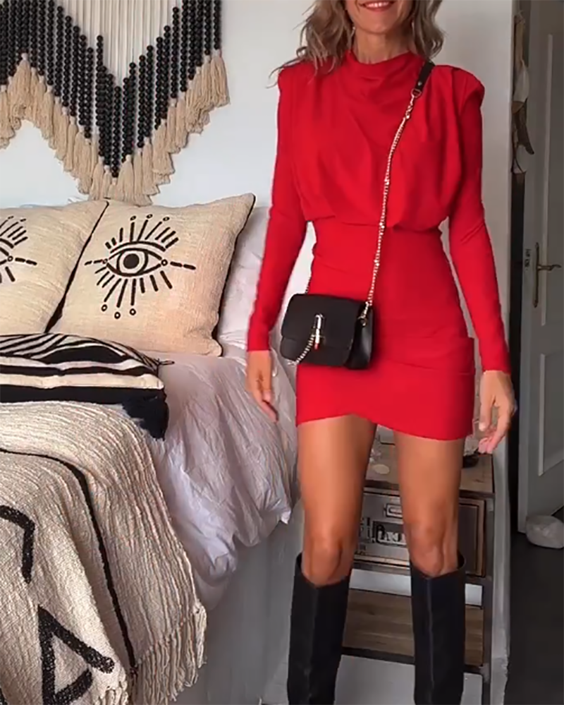 Solid Color Long Sleeve Mini Dress