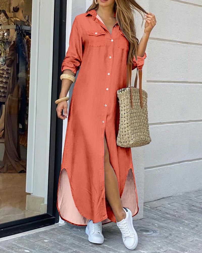 Solid Casual Long Shirt Dress