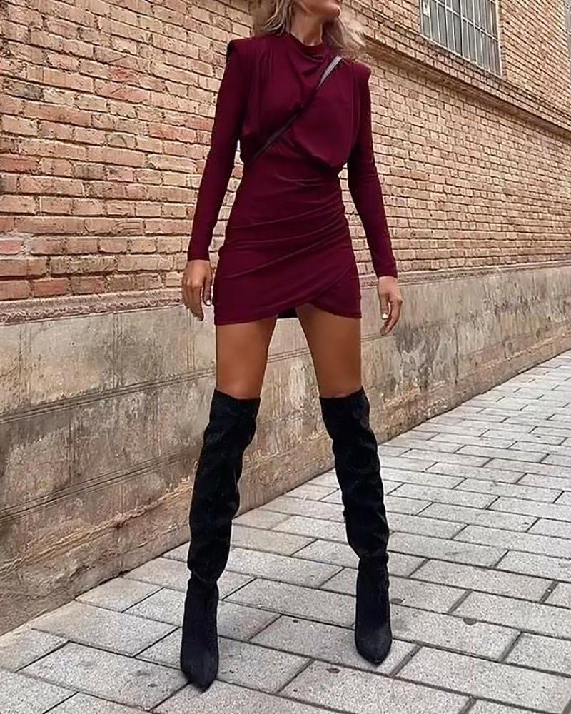 Solid Color Long Sleeve Mini Dress