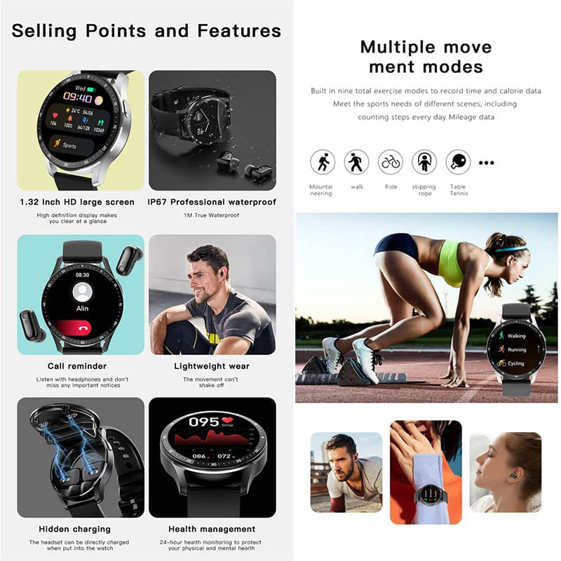 2 in 1 Smart Watch with Earbuds(For iPhone & Android)