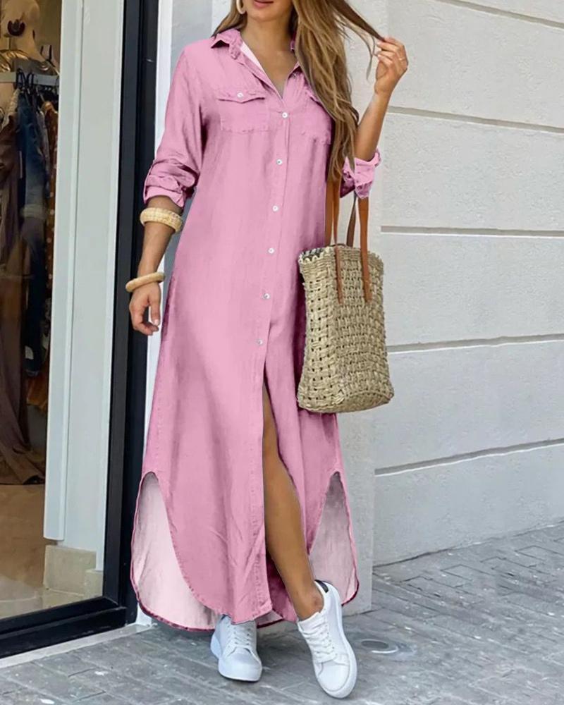 Solid Casual Long Shirt Dress