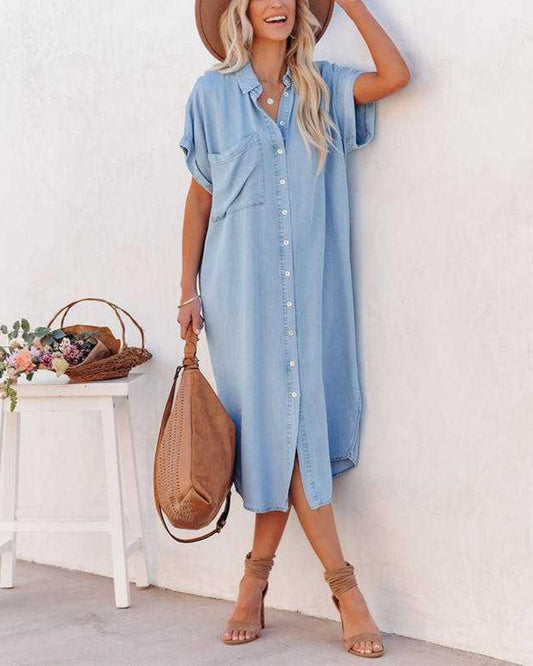 Solid Short Sleeve Split Shirt Dress