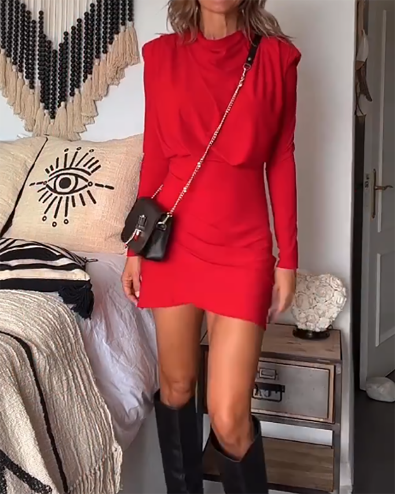 Solid Color Long Sleeve Mini Dress