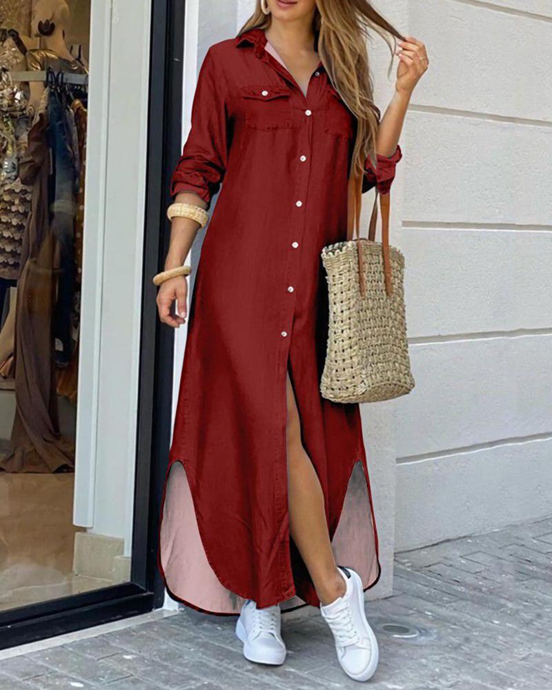 Solid Casual Long Shirt Dress