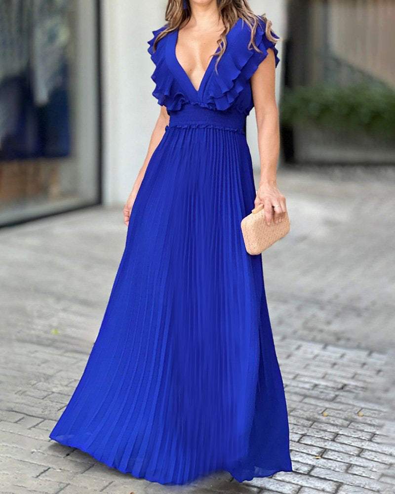 V-Neck Ruffle Sleeve Solid Pleated Dress