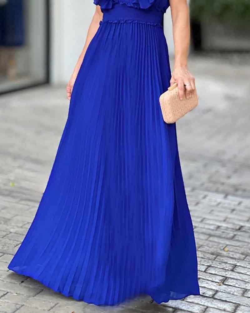 V-Neck Ruffle Sleeve Solid Pleated Dress