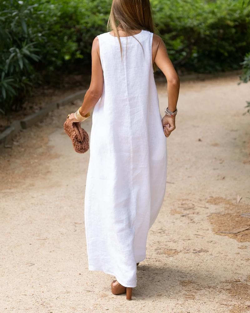 Cotton Linen Simple V-neck Sleeveless Dress